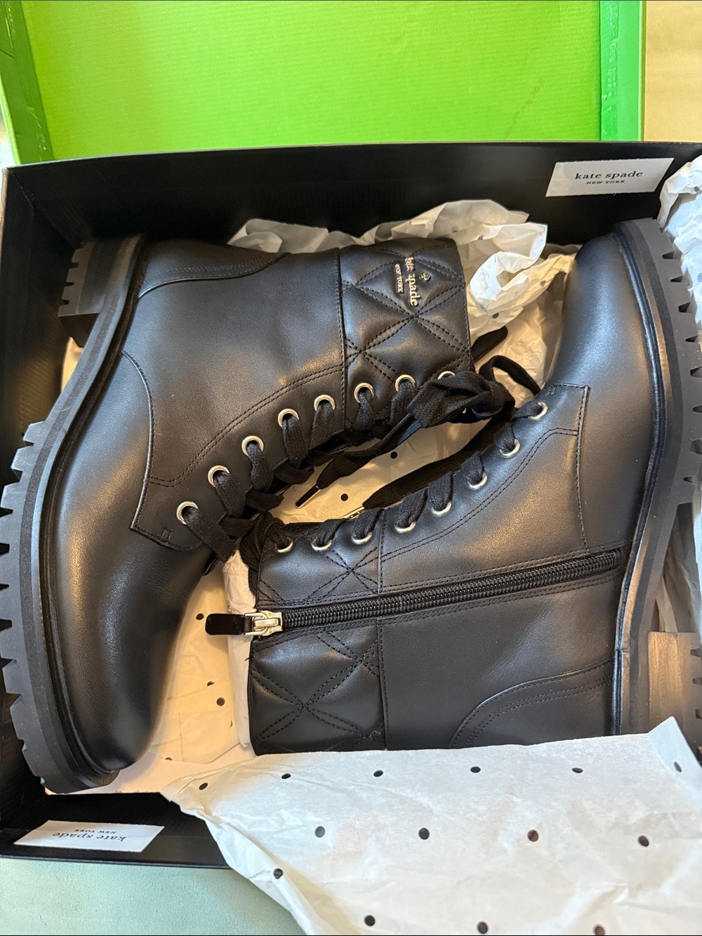 kate spade Black Quilted Leather Combat Boots